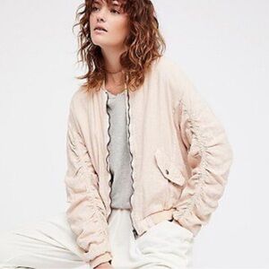 Free People Baby Pink Rouched Linen Bomber Jacket